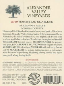 Back label for AVV Homestead Red Blend. Vintage: 2019. Appellation: Alexander Valley.