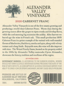 Back label for AVV Cabernet Franc. Vintage: 2020. Appellation: Alexander Valley.