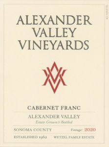 Front label for AVV Cabernet Franc. Vintage: 2020. Appellation: Alexander Valley.