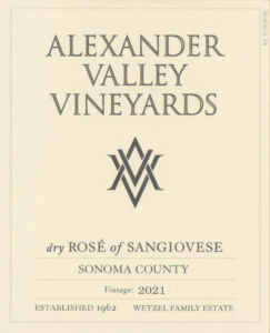 Front label for AVV Dry Rose of Sangiovese. Vintage: 2021. Appellation: Alexander Valley.
