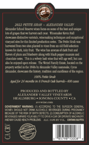 AVV 2022 ASR Petite Sirah 750ml back label