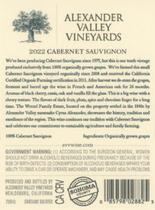 AVV 2022 Cabernet Sauvignon organically grown back label