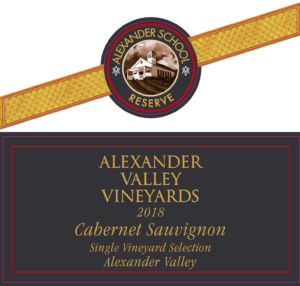 Front label for AVV Alexander School Reserve Cabernet Sauvignon. Vintage: 2018. Appellation: Alexander Valley.