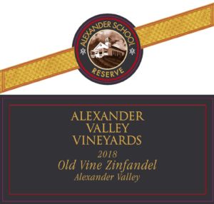 Front label for AVV Alexander School Reserve Old Vine Zinfandel. Vintage: 2018. Appellation: Alexander Valley.
