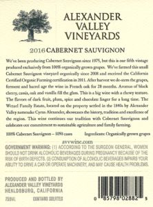 AVV 2016 Cabernet Sauvignon organically grown back label