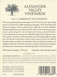 AVV 2017 Cabernet Sauvignon organically grown back label