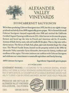 Back label of Cabernet Sauvignon - organically grown. Vintage: 2019. Appellation: Alexander Valley.