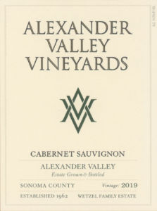 Front label for Cabernet Sauvignon - organically grown. Vintage: 2019. Appellation: Alexander Valley.