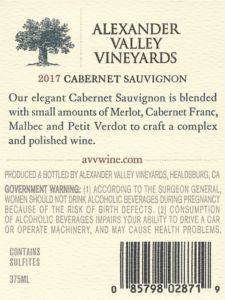 AVV Cabernet Sauvignon 2017 375ml Back Label