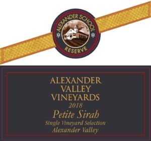 Front label for AVV Alexander School Reserve Petite Sirah. Vintage: 2018. Appellation: Alexander Valley.