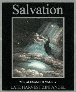 Front label AVV Salvation Zinfandel. Vintage: 2017. Appellation: Alexander Valley.