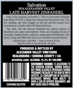 AVV 2016 Salvation Late Harvest Zinfandel Back Label
