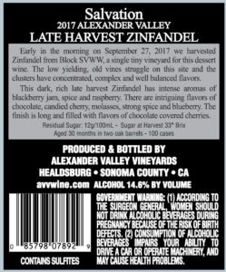 Back label for AVV Salvation Late Harvest Zinfandel. Vintage: 2017. Appellation: Alexander Valley.