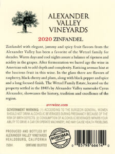 AVV Zinfandel 2020 Back Label