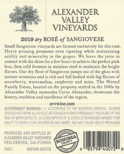 AVV 2019 dry Rose' of Sangiovese back label